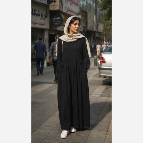 پیراهن زنانه نخی کلوش مدل هدیه رنگ مشکی فری سایز مناسب بارداری و شیردهی