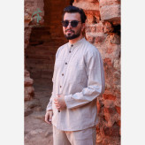 پیراهن مردانه الیاف طبیعی تمام دکمه سه خط رنگ استخوانی