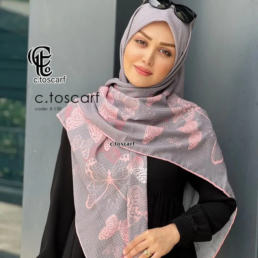 روسری نخ کاستوم طرح پروانه خال خالی طوسی صورتی قواره بزرگ 140 سانتیمتر