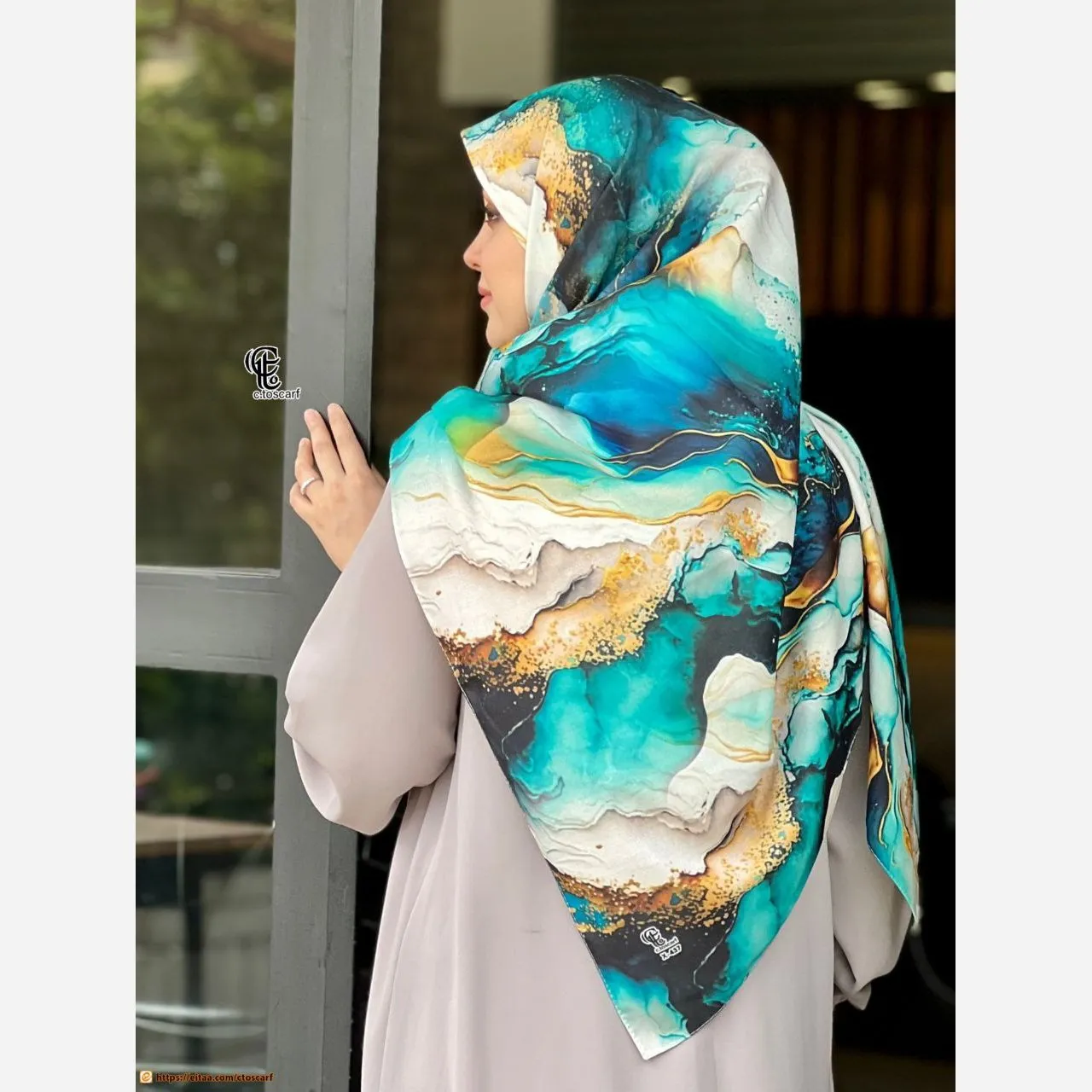 روسری نخی طرح لارا سایز 140 سبزآبی