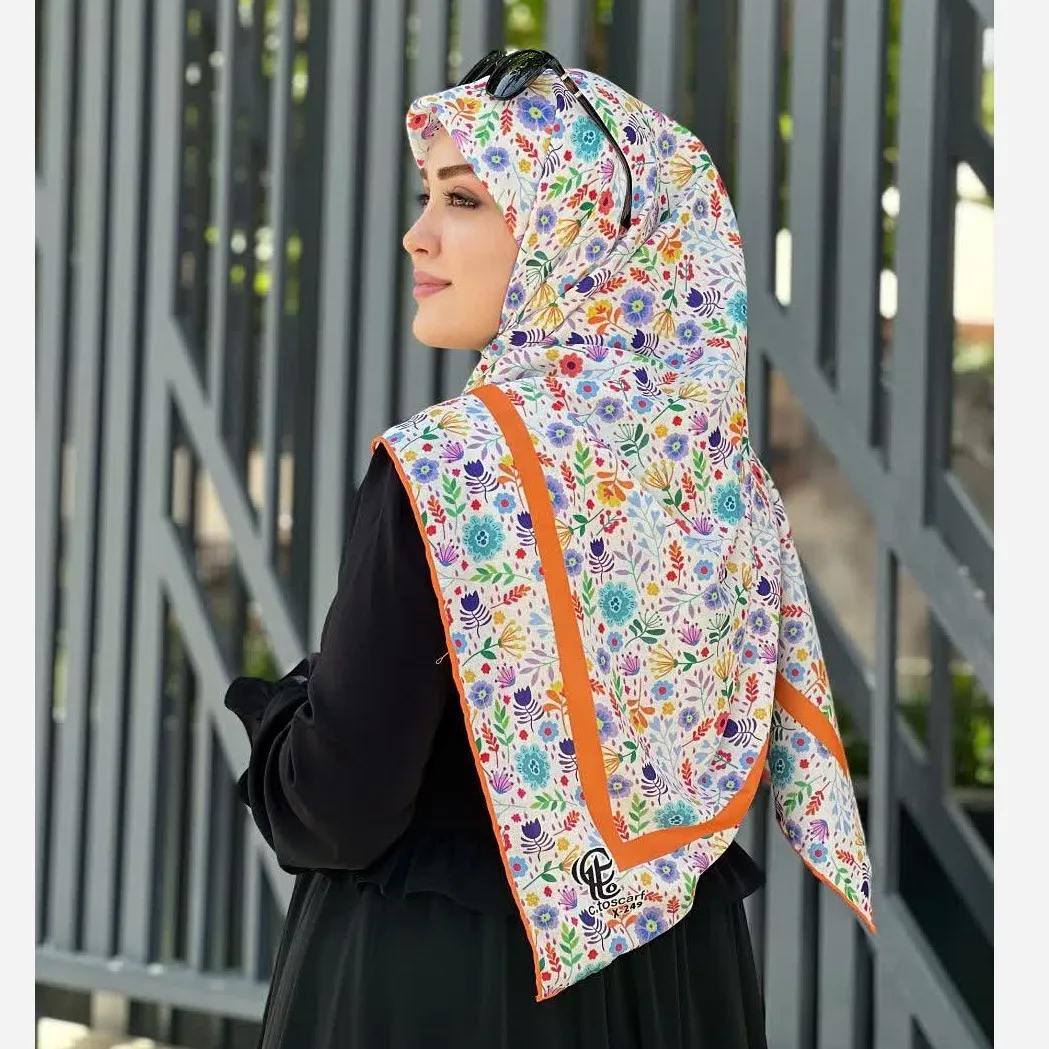 روسری نخ کاستوم طرح گلدخت قواره بزرگ 140 سانتیمتر رنگی شاد بهاری تابستانی