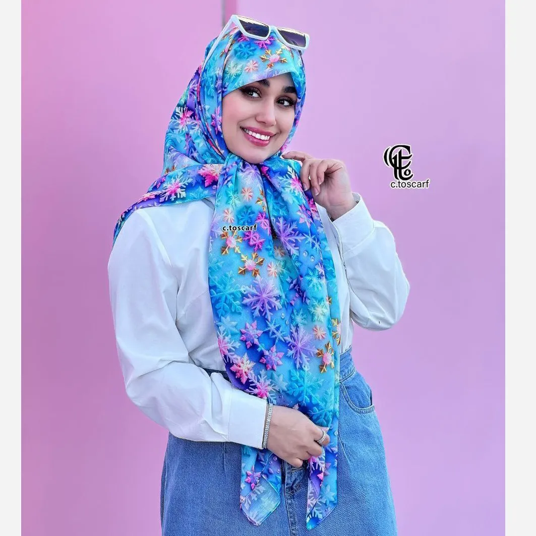روسری نخی طرح بارلین قواره 140 زنانه آبی پاستیلی