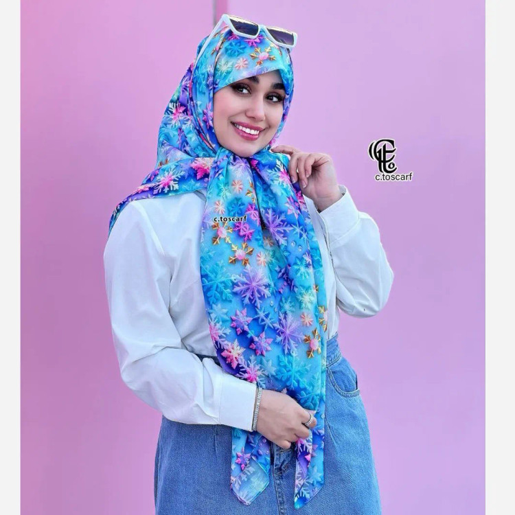 روسری نخی طرح بارلین قواره 140 زنانه آبی پاستیلی