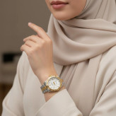ساعت مچی زنانه رولکس دیت جاست دو رنگ طلایی صفحه سفید نگین دار با موتور SL68 و تقویم ذره بینی