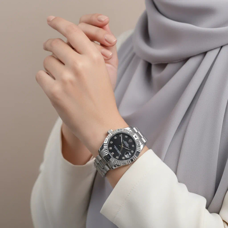 ساعت مچی زنانه رولکس دیت جاست استیل صفحه مشکی با تقویم ذرهبینی و موتور SL68