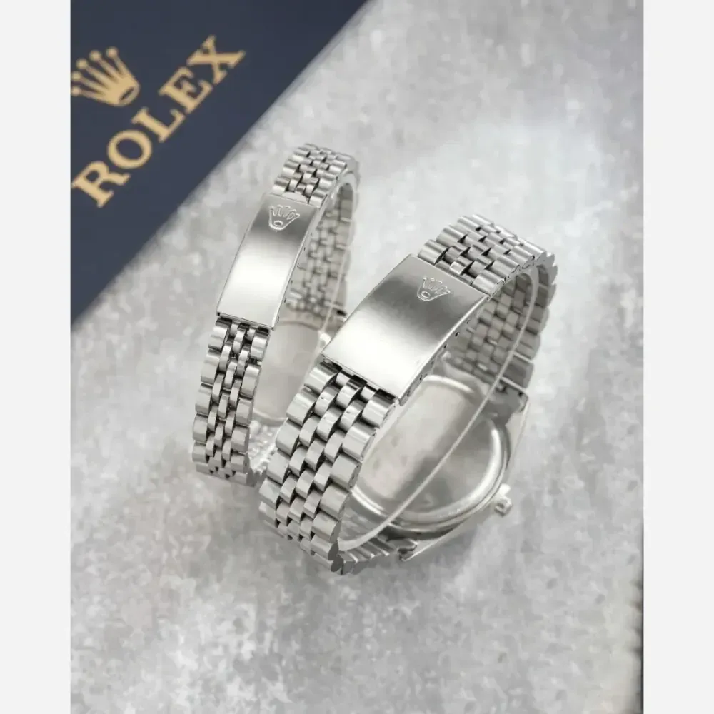 ساعت ست مردانه و زنانه رولکس بند استیل نقره ای صفحه آبی تقویم دار