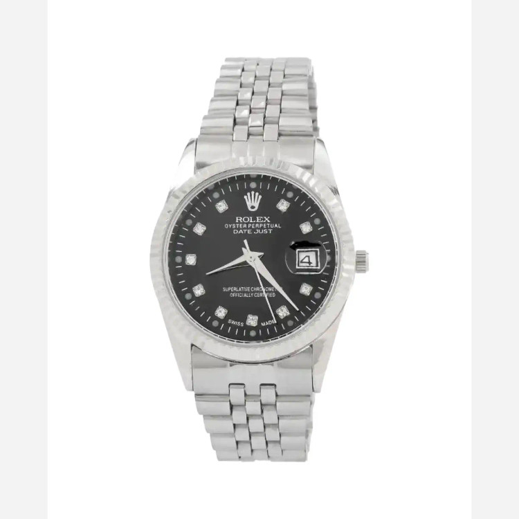 ساعت مچی مردانه رولکس بند استیل نقره ای صفحه مشکی تک موتوره با روزشمار