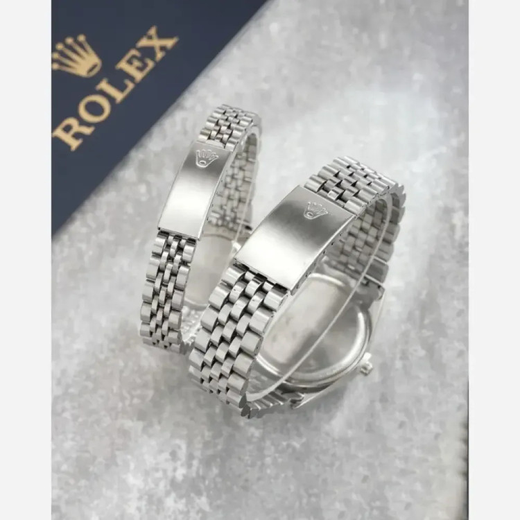 ساعت ست مردانه و زنانه رولکس بند استیل نقره ای صفحه مشکی با روزشمار