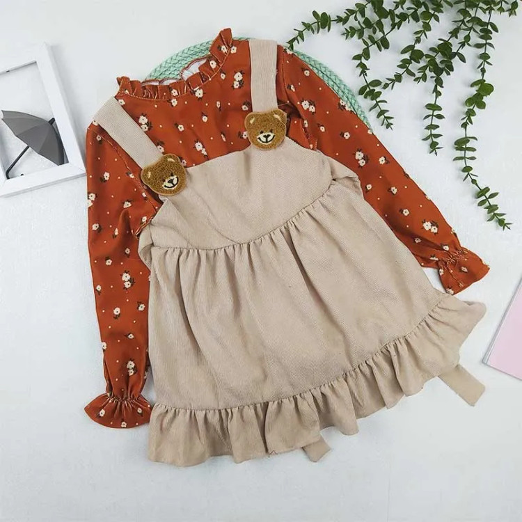 ست بلوز و سارافون دخترانه مخمل کبریتی طرح خرسی