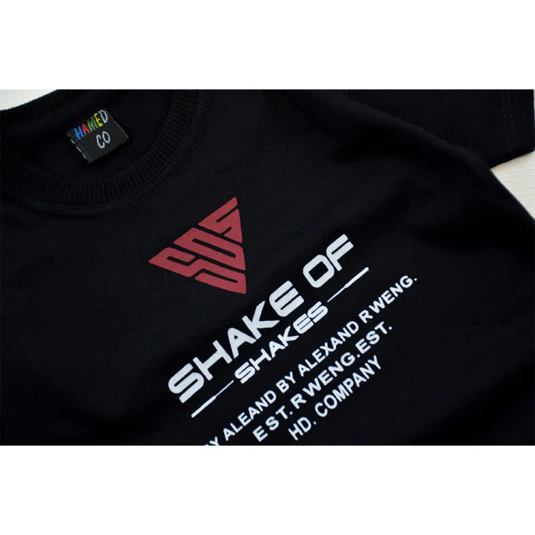 تیشرت پسرانه یقه گرد مشکی طرح SHAKE OF جنس ویسکوز
