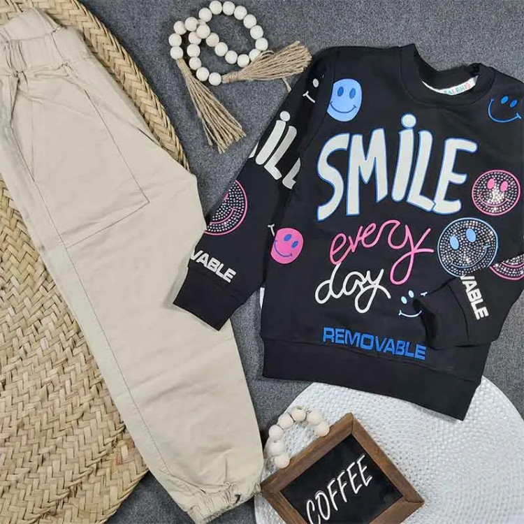 بلوز شلوار دخترانه طرح SMILE جنس پنبه سوپر و کتان کد 9065