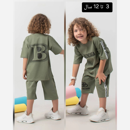 ست تیشرت و شلوارک پسرانه و دخترانه مدل بالنسیا مناسب 3 تا 12 سال در 4 رنگ متنوع
