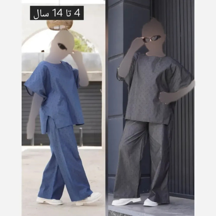 ست کراپ و شلوار جین نگینی دخترانه جنس لی کاغذی خارجی مناسب 4 تا 14 سال