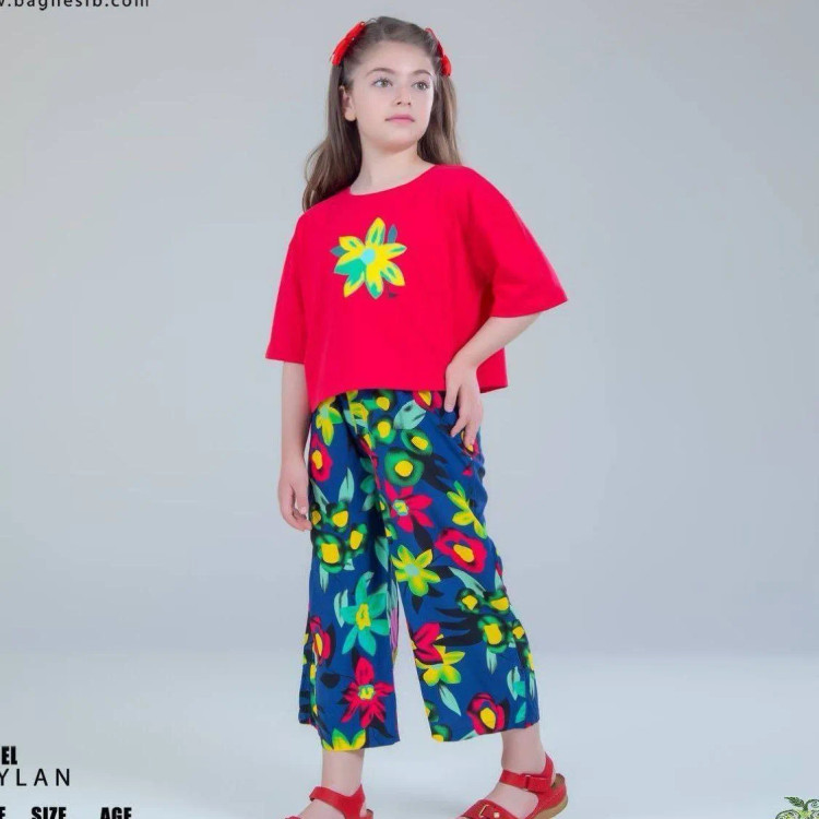 ست کراپ و شلوار دخترانه مدل تایلان جنس پنبه و نخی رنگ سرخابی