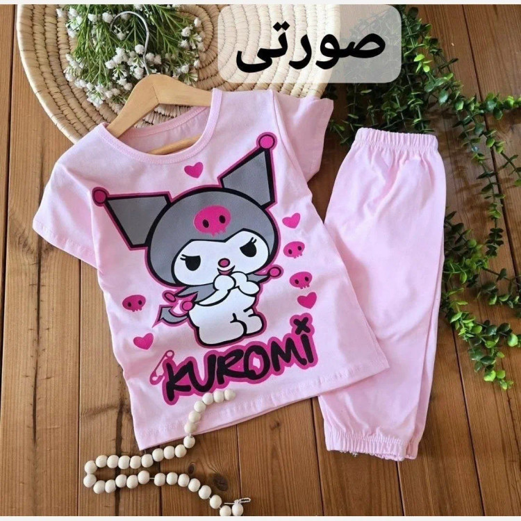 ست تیشرت و شلوارک دخترانه طرح کرومی جنس پنبه رنگ یاسی و صورتی سایز 40 تا 55
