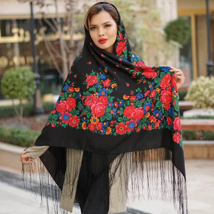 روسری ترکمنی ایرانی مدل تاتار کد 1607 طرح سنتی نخ پلی استر 130x130 مناسب 4 فصل