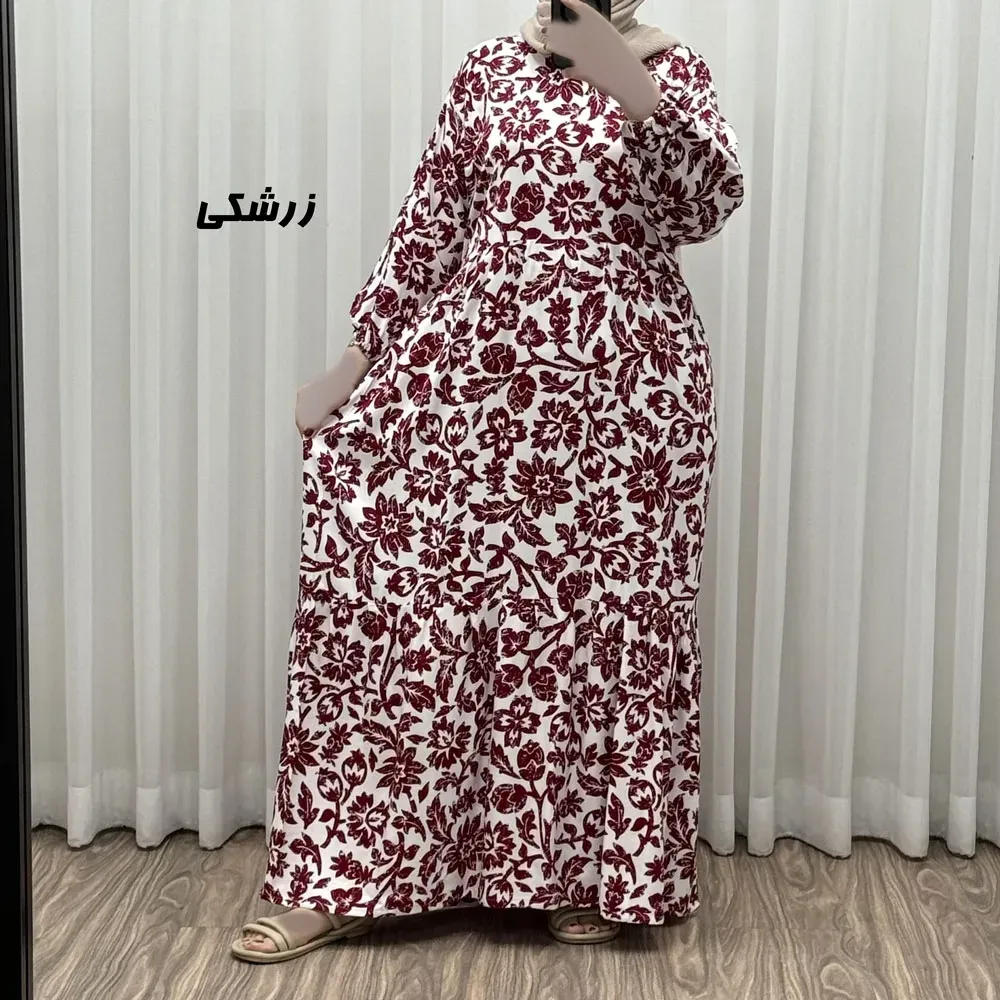 پیراهن نخی زنانه و دخترانه مدل گل یخی فری سایز مناسب تا سایز 50 با کمربند