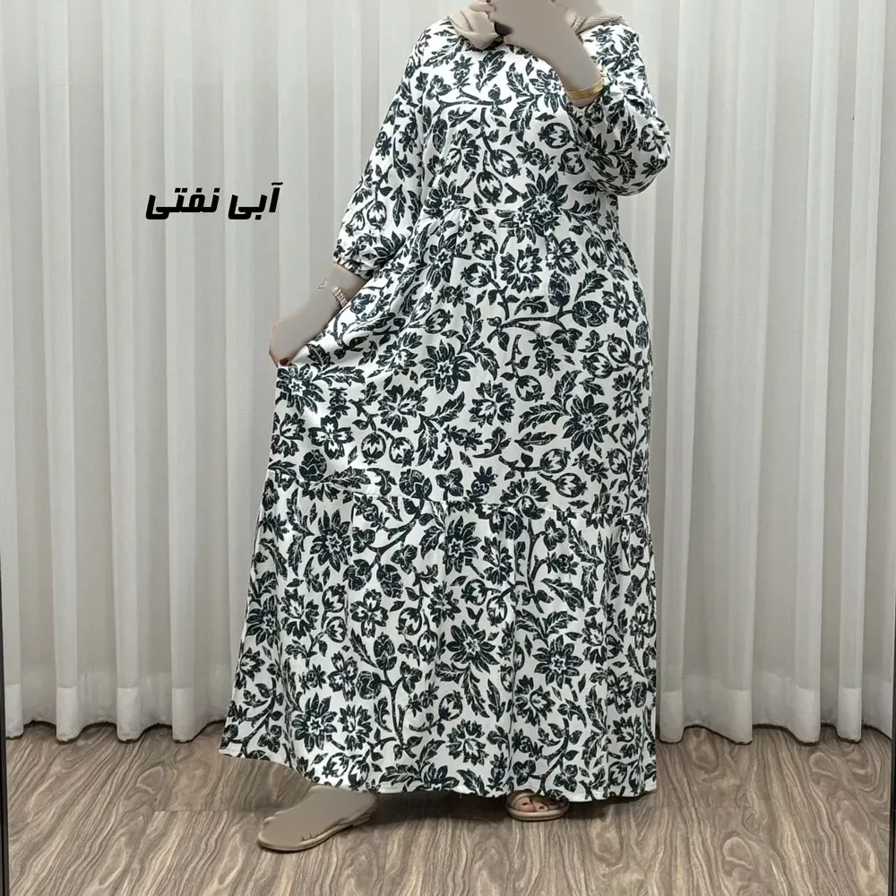 پیراهن نخی زنانه و دخترانه مدل گل یخی فری سایز مناسب تا سایز 50 با کمربند