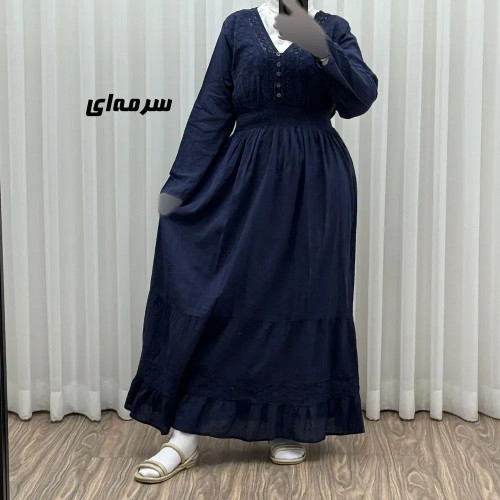 پیراهن ساحلی زنانه آستین بلند نخی تافته فری سایز مدل سلن دکمه دار آستردار