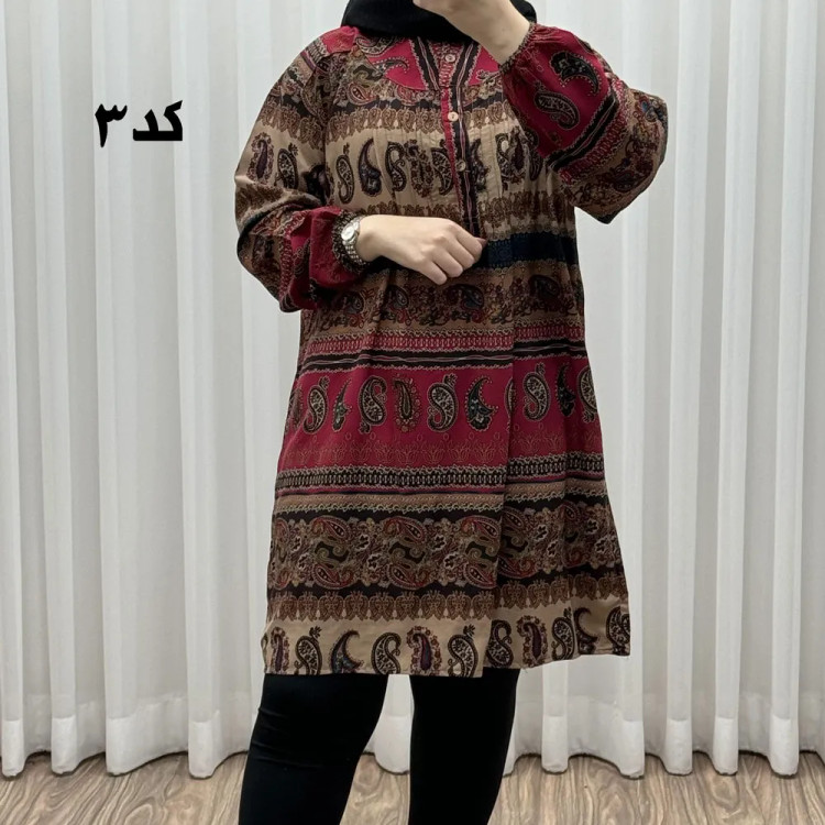تونیک سایزبزرگ وارداتی مدل ترمه افقی کد 1617 جنس نخی چهارفصل زنانه سایز 6 تا 8