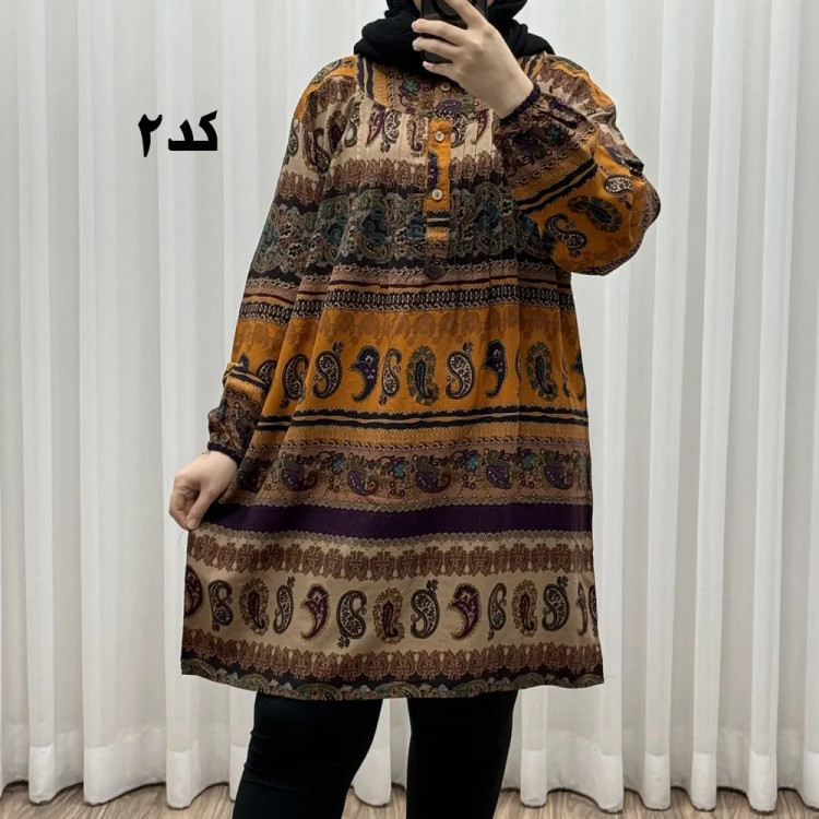تونیک سایزبزرگ وارداتی مدل ترمه افقی کد 1617 جنس نخی چهارفصل زنانه سایز 6 تا 8