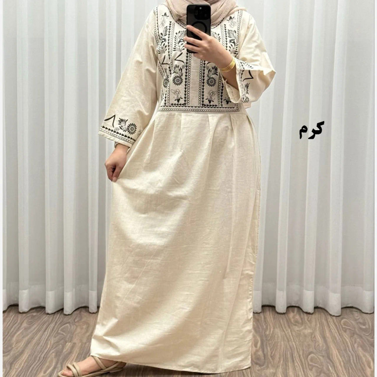 پیراهن زنانه لینن طرح مایا فری سایز مناسب تا 48 با کمربند