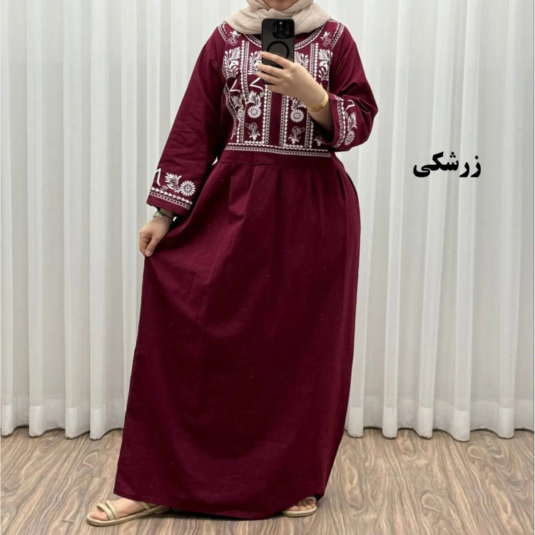 پیراهن زنانه لینن طرح مایا فری سایز مناسب تا 48 با کمربند