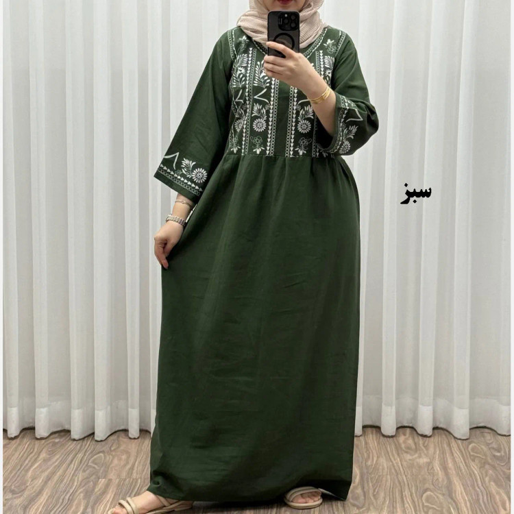 پیراهن زنانه لینن طرح مایا فری سایز مناسب تا 48 با کمربند