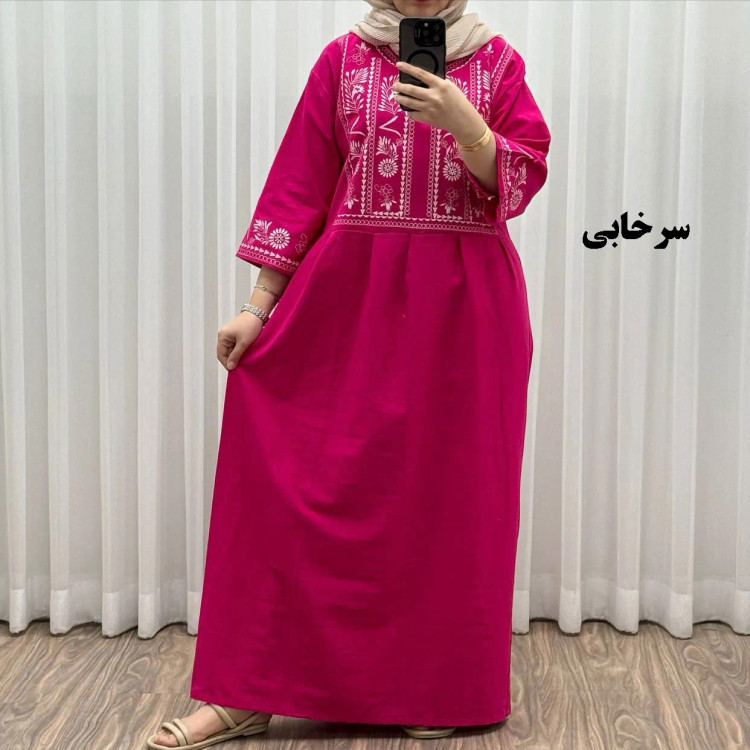 پیراهن زنانه لینن طرح مایا فری سایز مناسب تا 48 با کمربند