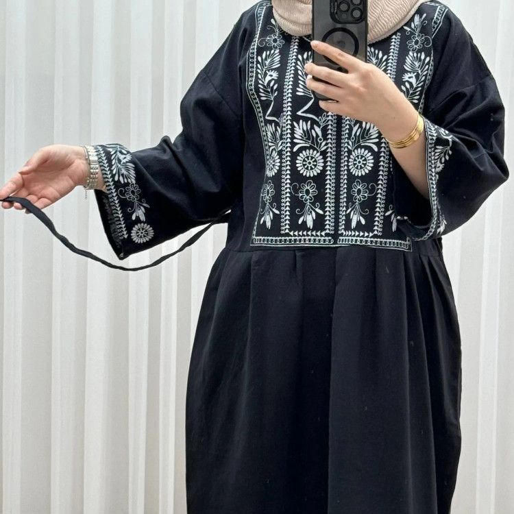 پیراهن زنانه لینن طرح مایا فری سایز مناسب تا 48 با کمربند