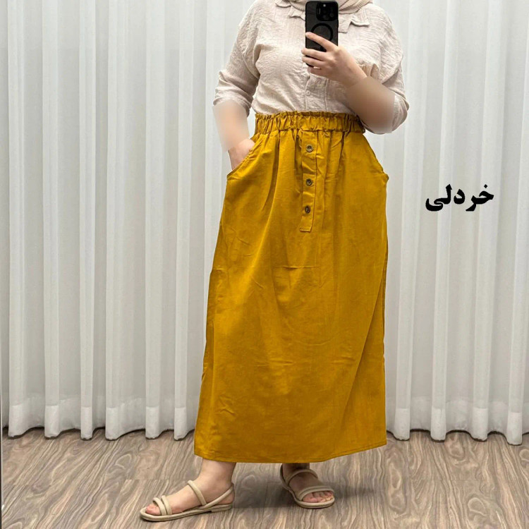 دامن لینن زنانه و دخترانه فری سایز مناسب تا سایز 48 قد 93 سانتیمتر