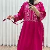 پیراهن زنانه لینن طرح مایا فری سایز مناسب تا 48 با کمربند