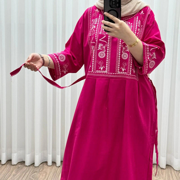 پیراهن زنانه لینن طرح مایا فری سایز مناسب تا 48 با کمربند