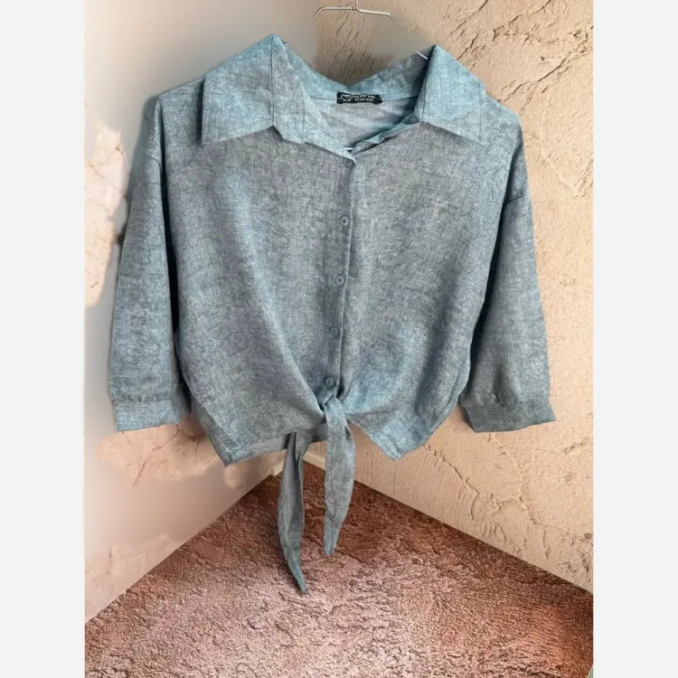 شومیز گره ای زنانه رگه دار مدل جدید عیدانه آبی طوسی سایز 38 تا 42
