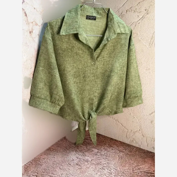 شومیز گره ای زنانه رگه دار مدل جدید عیدانه آبی طوسی سایز 38 تا 42