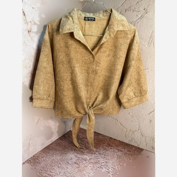 شومیز گره ای زنانه رگه دار مدل جدید عیدانه آبی طوسی سایز 38 تا 42