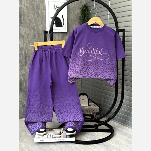 ست بلوز شلوار بگ دخترانه طرح Beautiful نخ پنبه لاکرادار سایز 50 تا 65