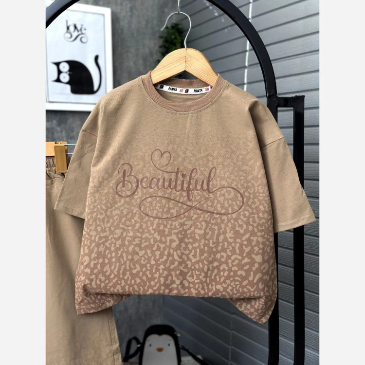 ست بلوز شلوار بگ دخترانه طرح Beautiful نخ پنبه لاکرادار سایز 50 تا 65
