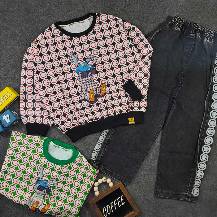 ست کراپ و شلوار بگ دخترانه طرح خرگوش کد 8640