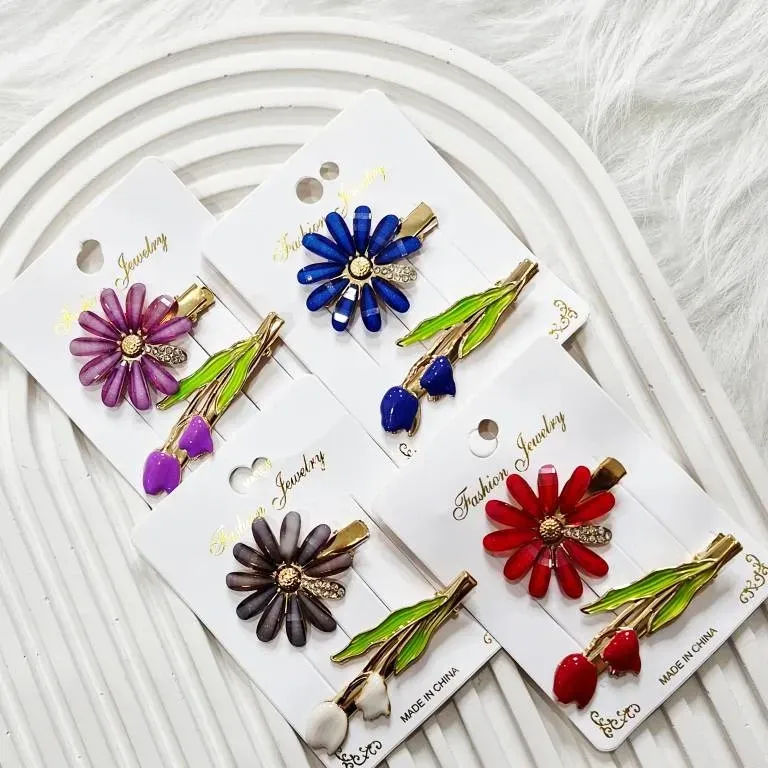 گیره مو وارداتی طرح بابونه و لاله بسته 2 عددی