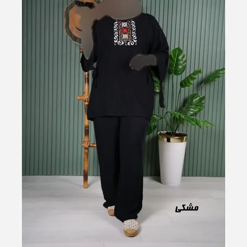 ست بلوز و شلوار نخی زنانه مدل سنتی فری سایز مناسب تا 48
