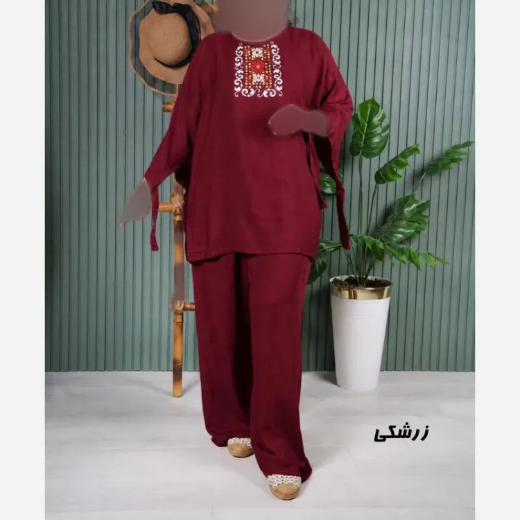 ست بلوز و شلوار نخی زنانه مدل سنتی فری سایز مناسب تا 48