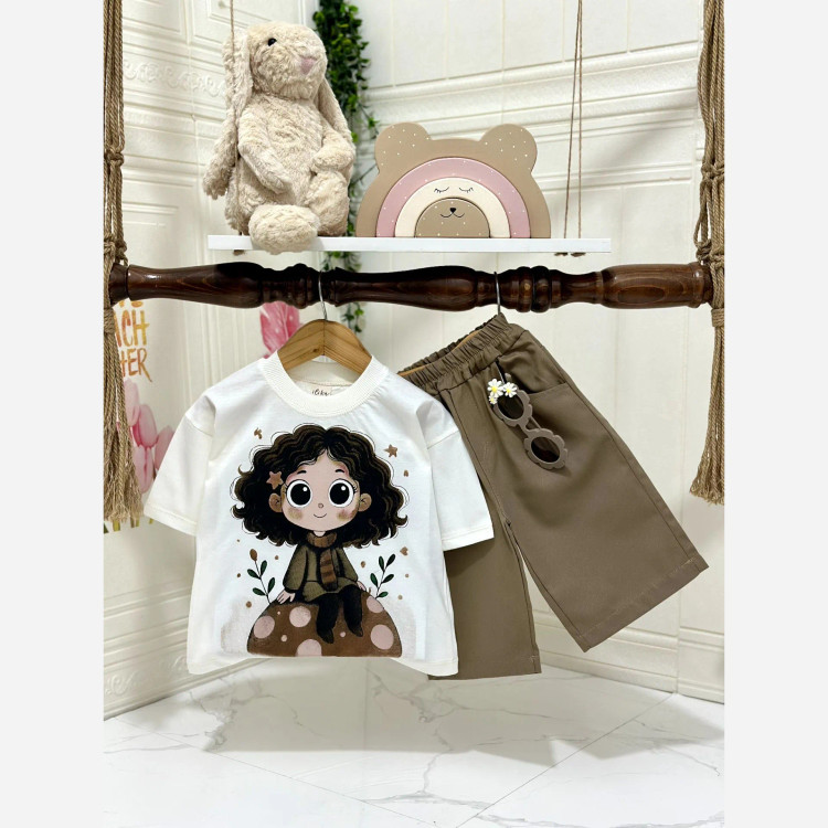 ست تیشرت و شلوارک دخترانه طرح موفرفری نخ پنبه و کتان مناسب 2 تا 8 سال