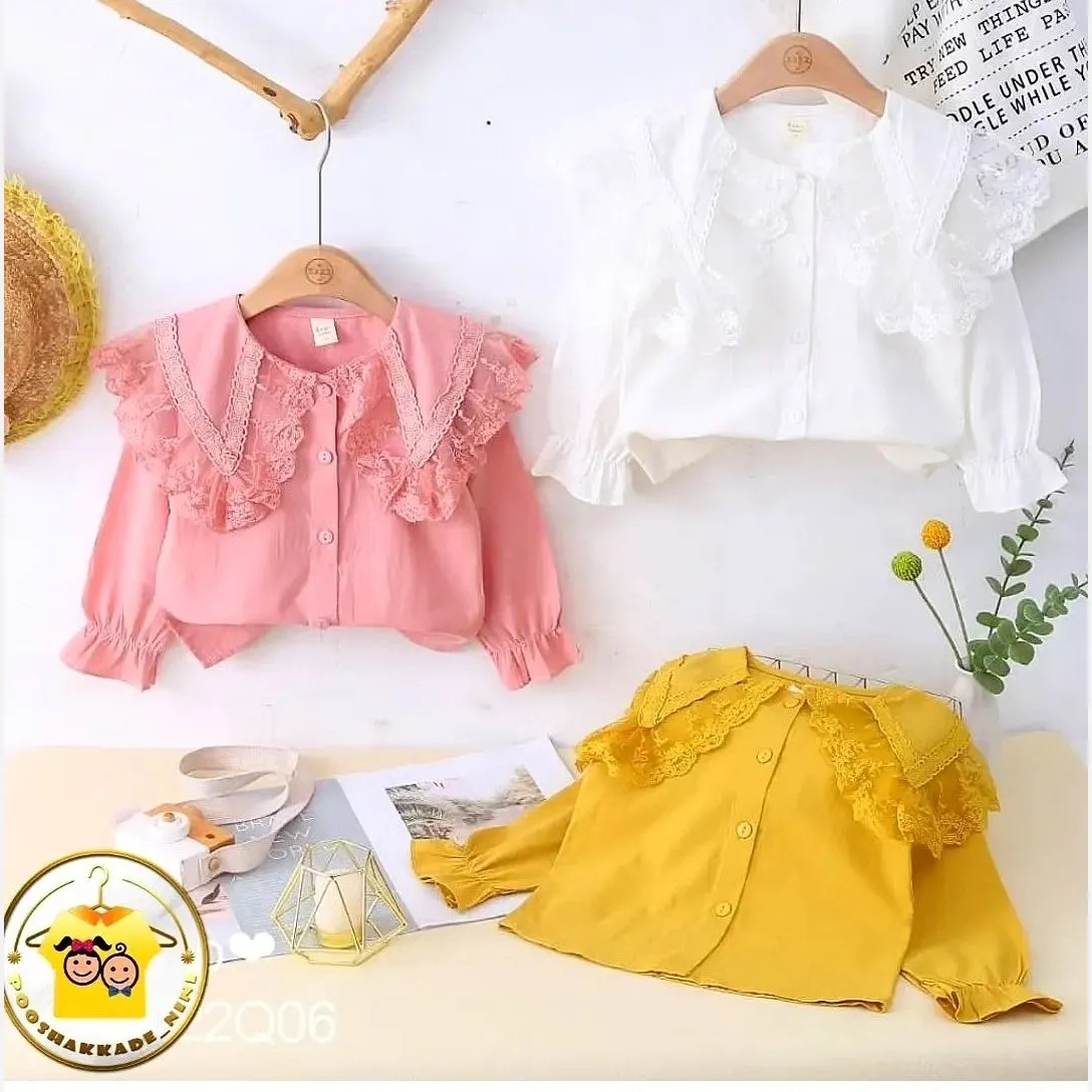 شومیز مجلسی دخترانه کتان نخ یقه گیپور وارداتی سایز 3 تا 8 سال