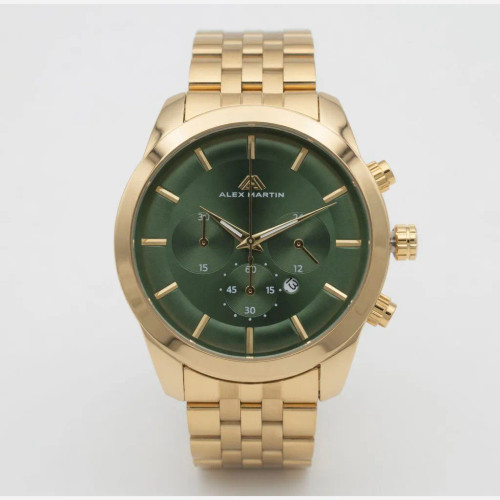 ساعت مچی مردانه الکس مارتین طلایی صفحه سبز طرح سه موتور با موتور ژاپن و تقویمدار