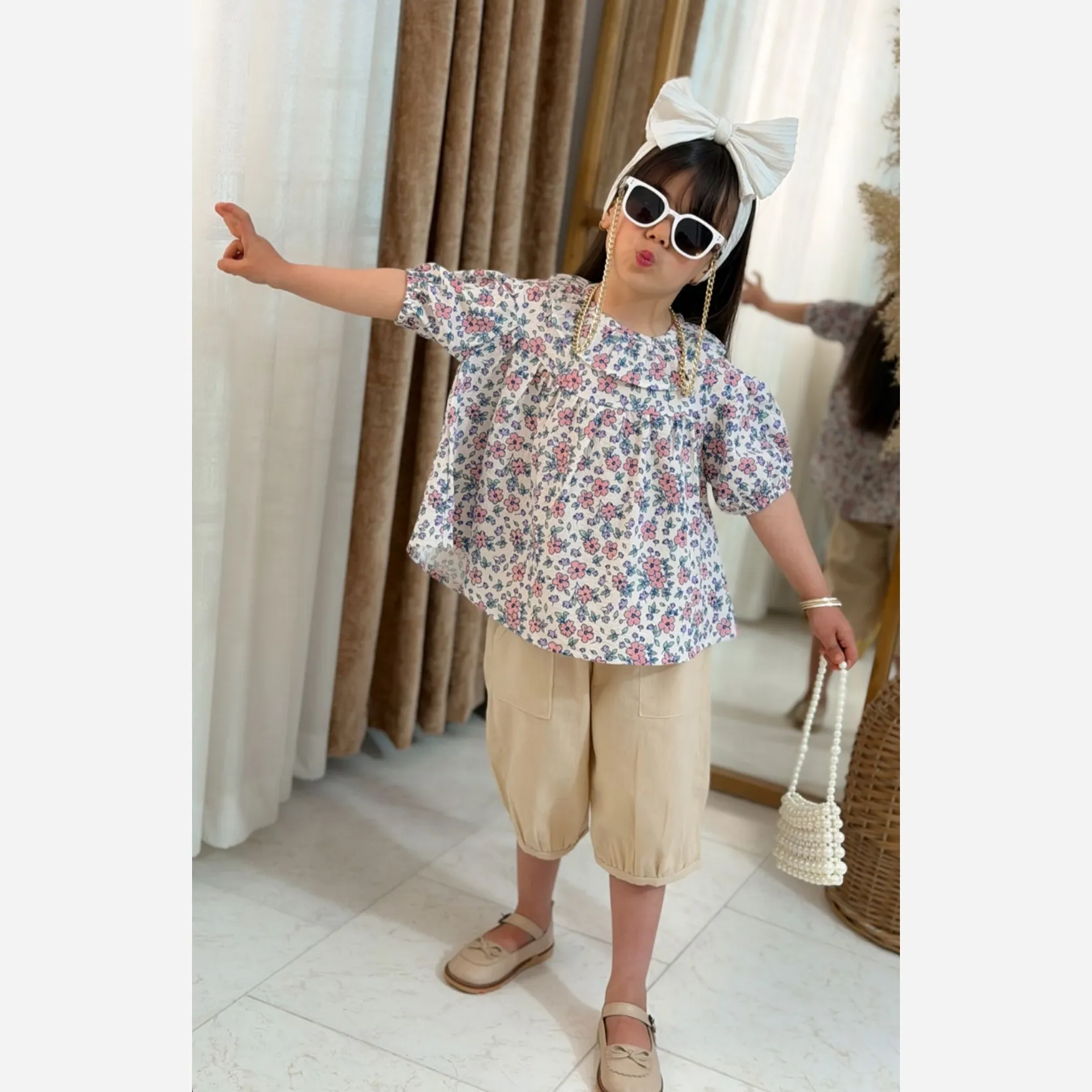 ست شومیز و شلوارک دخترانه تابستانی مدل پریا جنس آیوا و لینن