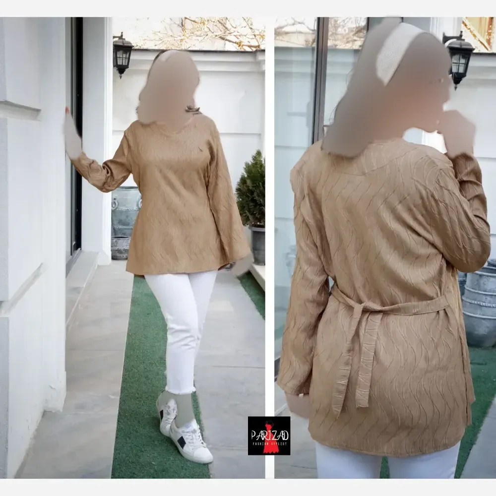 تونیک بهاره نخی طرح موجی کمربندی زنانه سایز 40 تا 46