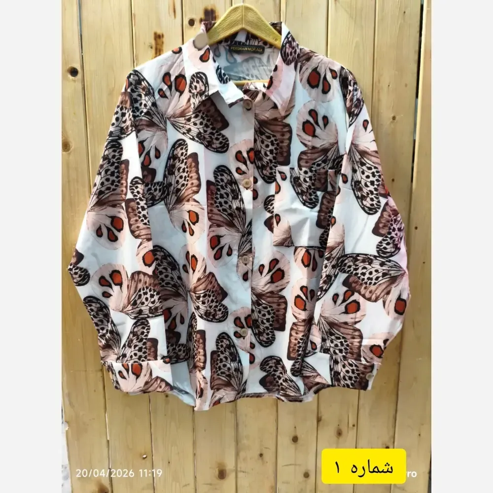 شومیز مانتویی تابستانه طرح پروانه یقه مردانه جنس بوگاتی سایز بزرگ