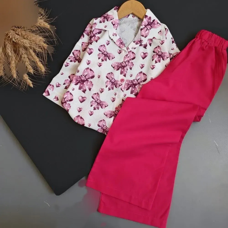 ست شومیز گرهی و شلوار لینن دخترانه مدل پرستو