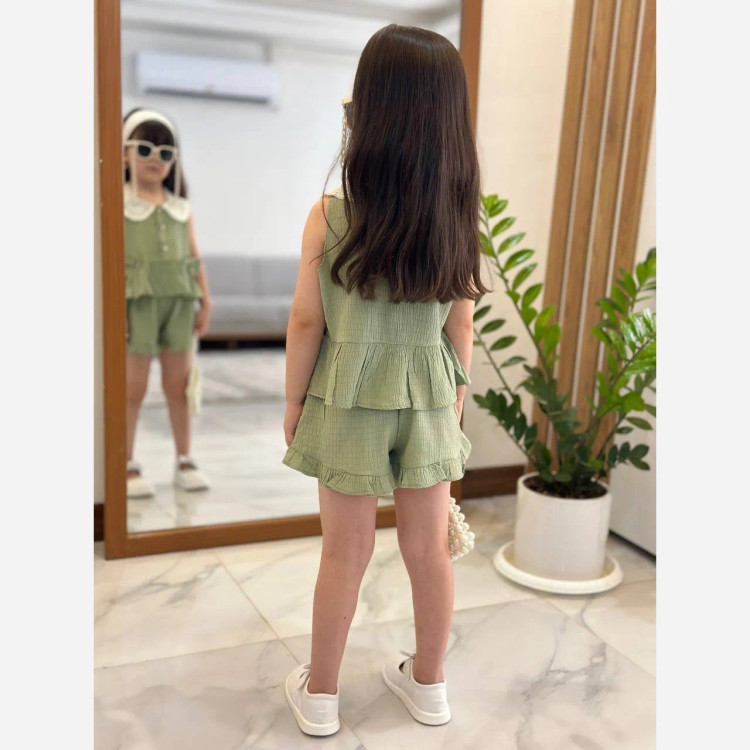 ست دو تکه تابستانه دخترانه تاپ و شلوارک جنس اطلس سایز 1 تا 7 سال رنگ صورتی و سبز